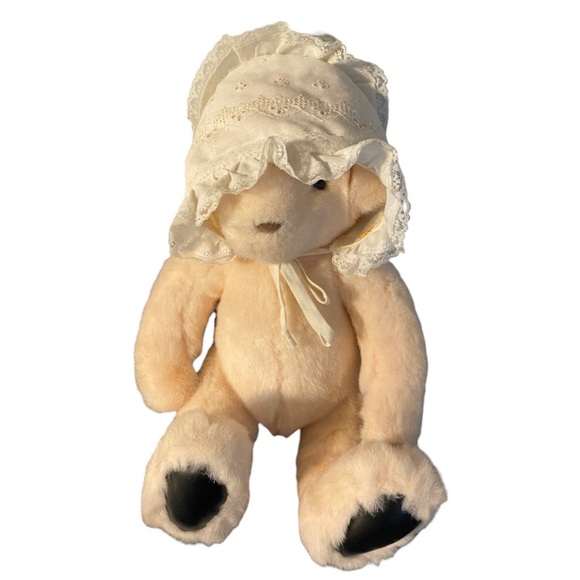 Vintage 1992 Gund Pink Teddy Bear with Leather Paw & Feet Pads With Bonnet 13” - Picture 2 of 6